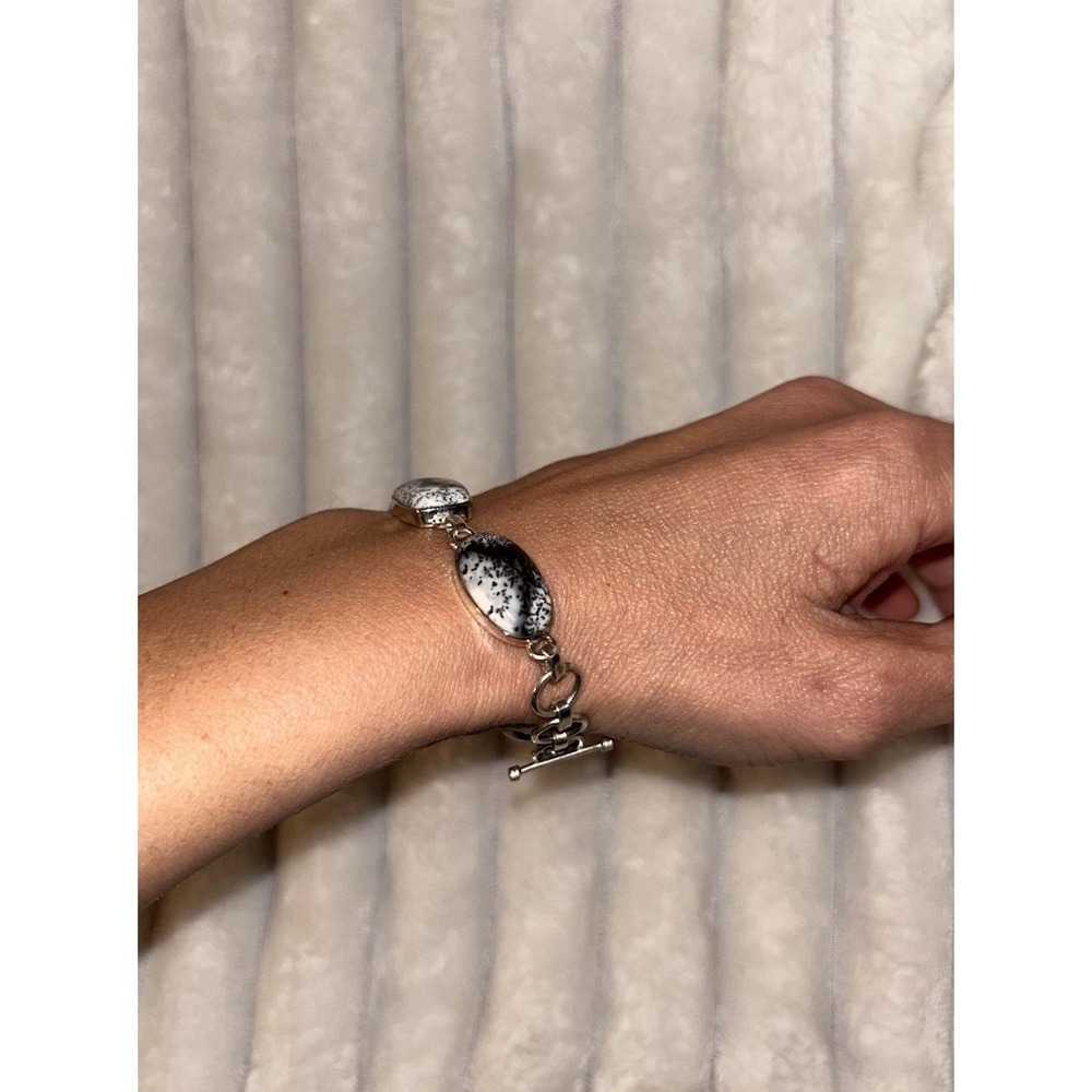 925 Sterling Silver Toggle Bracelet Black & White Dendritic Opal 7 to 8 in. Rare